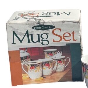 Fruit Garden Vintage Ceramic Mug Set‎ of 4 White Fruit Floral Design Fluted Base